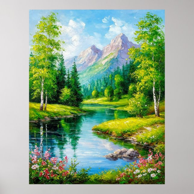 Affiche Paysage Vivant Avec Montagnes, Scène de Rivière (Devant)