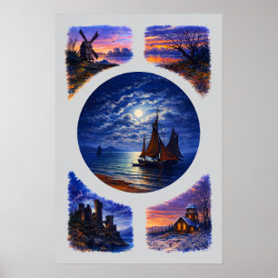 Affiche Paysages Rétro de Coucher de Soleil et de Nuit Vig
