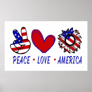 Affiche Peace Love America Patriotic Flag Heart Sunflower