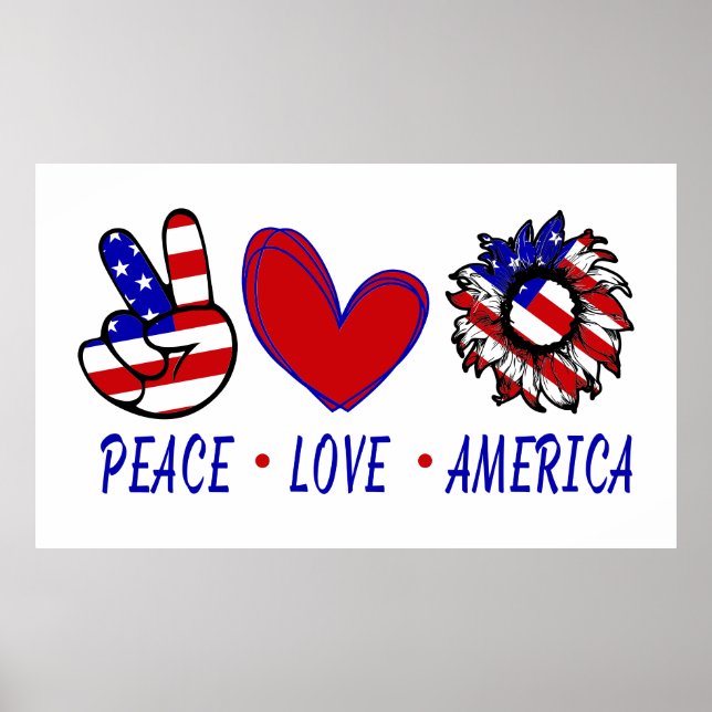 Affiche Peace Love America Patriotic Flag Heart Sunflower (Devant)