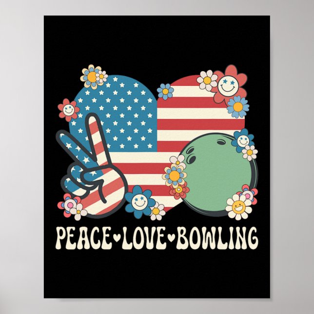 Affiche Peace Love Bowling Lover American Flag Patriotique (Devant)