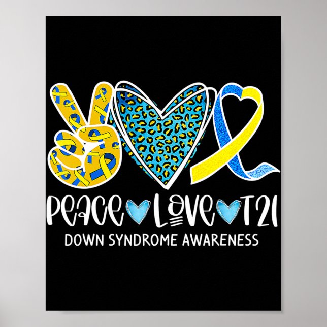 Affiche Peace Love Cure Bleu & Jaune Ribbon Down Syndrome (Devant)