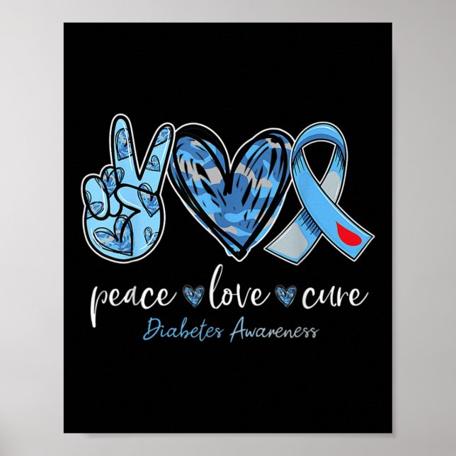 Affiche Peace Love Cure Blue Ribbon Sensibilisation au dia (Devant)