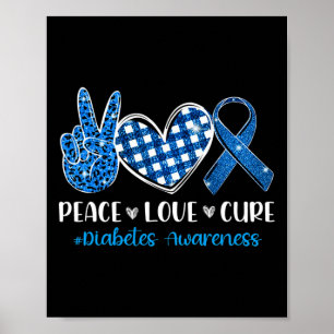 Affiche Peace Love Cure Grey Blue Ribbon Prix du diabète