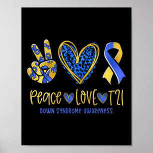 Affiche Peace Love T21 Blue Yellow Ribbon Down Syndrome Aw