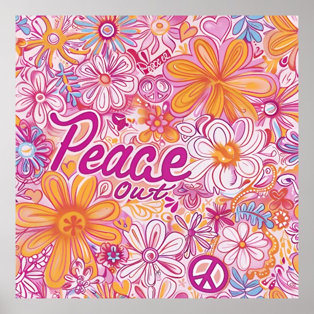 Affiche Peace Out Hippie Floral Peace Sign Retro Pattern (Devant)