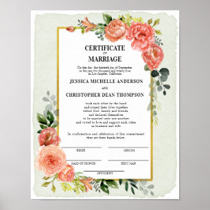 Affiche Peach Floral Certificate of Marriage Keepsaké
