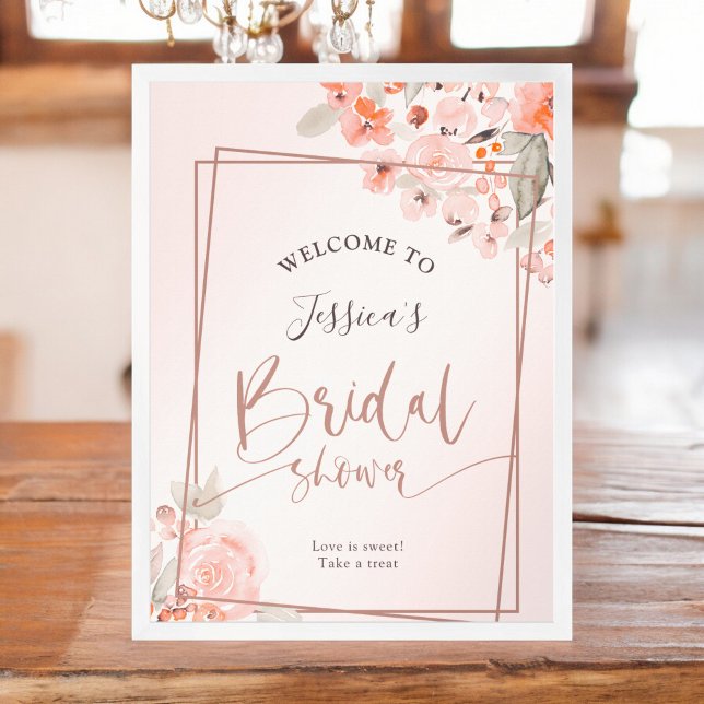 Affiche Peach floral rose or accueil douche nuptiale (Peach floral rose gold welcome bridal shower poster)