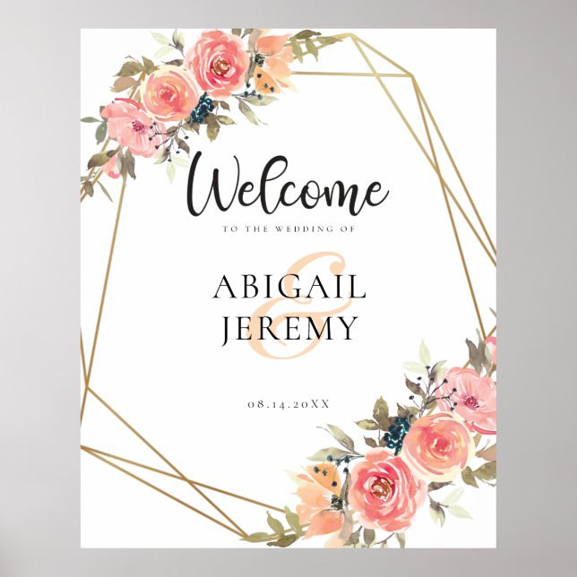 Affiche Peach Florals rose Or Frame Mariage Bienvenue (Devant)