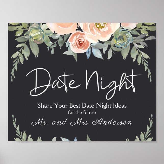 Affiche Peach Green Navy Pastel Floral Date Nuit (Devant)