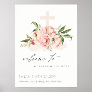 Affiche Peach Peony Floral Cross Bunch Baptism Bienvenue