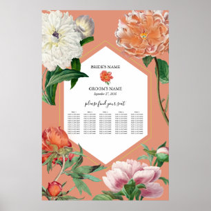 Affiche Peach Pink Peonies Fleurs Mariage Seating Chart