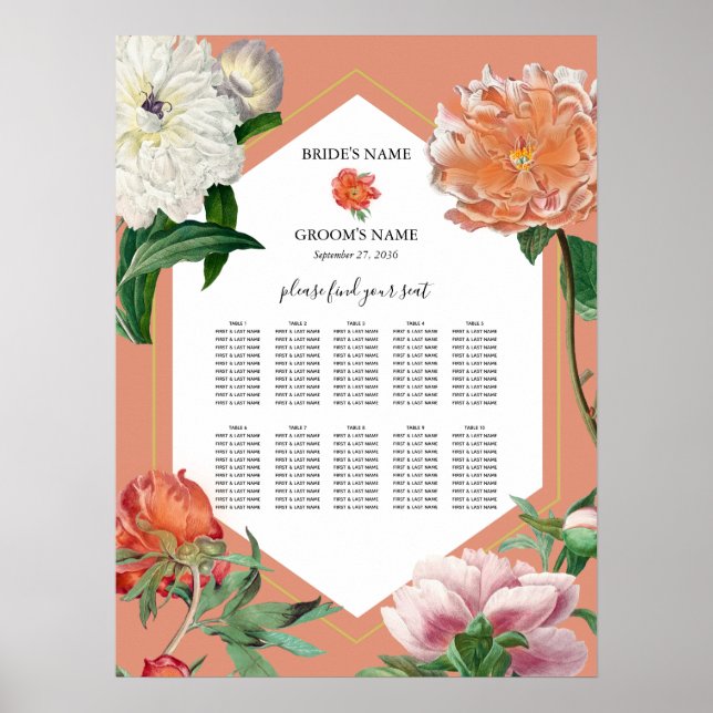 Affiche Peach Pink Peonies Fleurs Mariage Seating Chart (Devant)