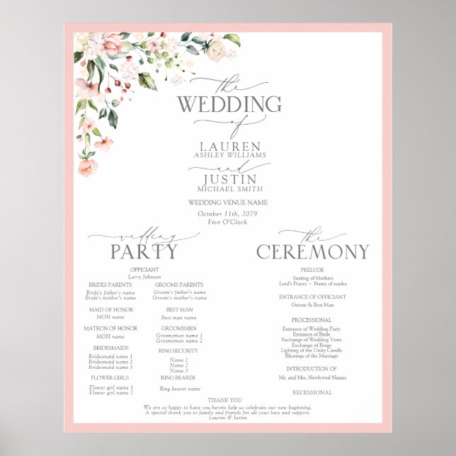 Affiche Peach Pink Watercolor Programme de mariage floral (Devant)