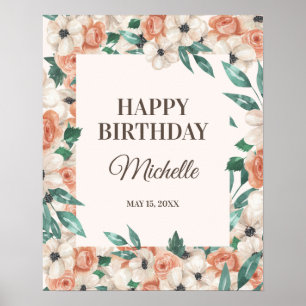Affiche Peach Rose Blanc Floral Bonne fête d'anniversaire