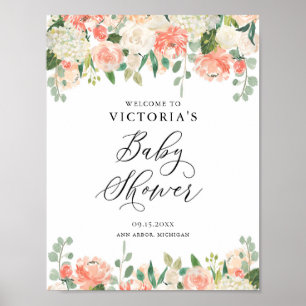 Affiche Peach Roses and Hydrangeas Baby Shower Welcome