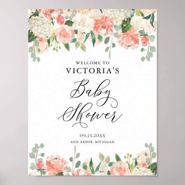 Affiche Peach Roses and Hydrangeas Baby Shower Welcome (Devant)