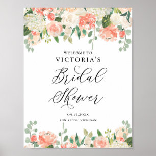 Affiche Peach Roses and Hydrangeas Bridal Shower Welcome