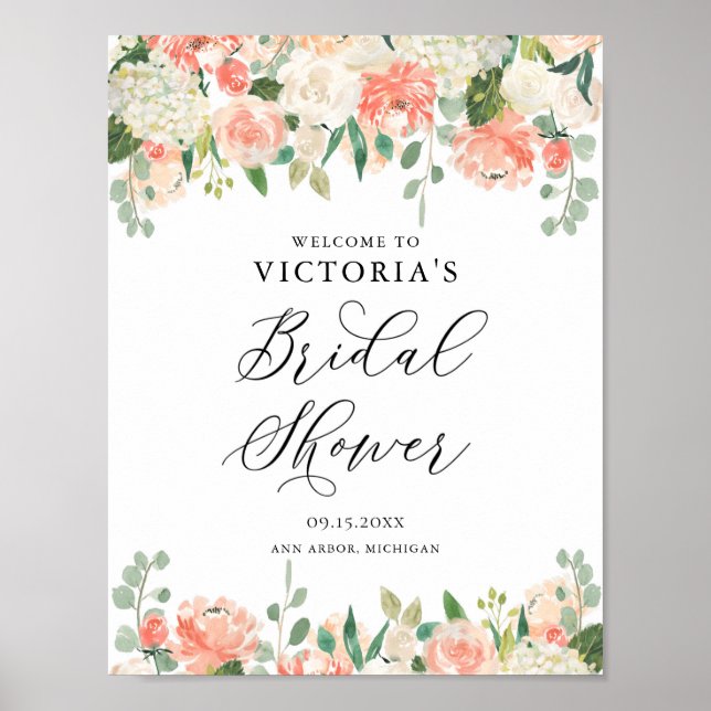 Affiche Peach Roses and Hydrangeas Bridal Shower Welcome (Devant)