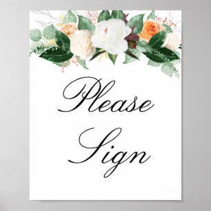 Affiche Peach Watercolor Floral S'il vous plaît signer Mar