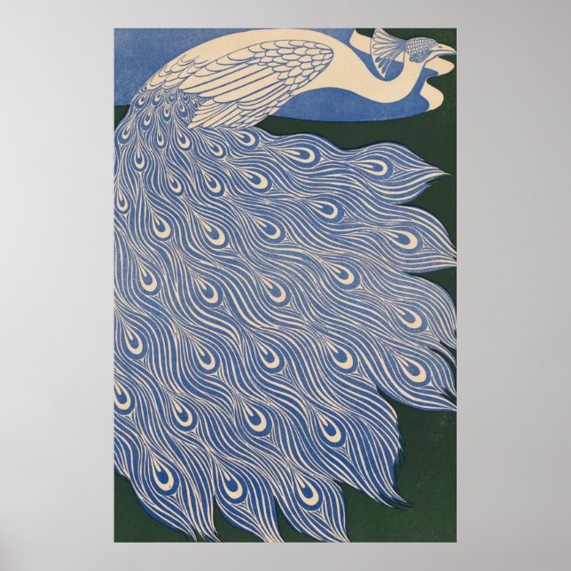 Affiche Peacock Art Nouveau vintage Imprimer, Bleu Rétro (Devant)