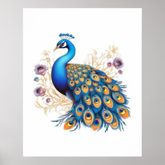 Affiche Peacock Avec Fleurs Violettes