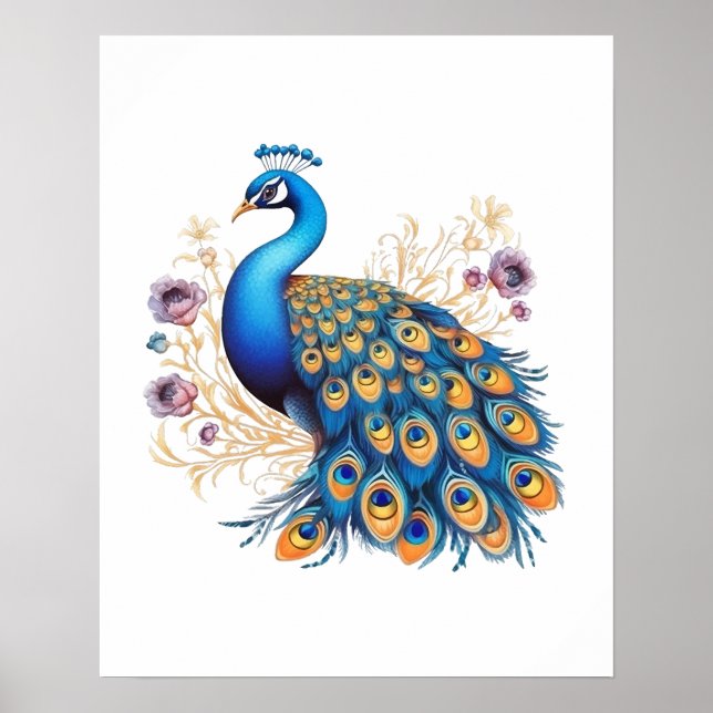 Affiche Peacock Avec Fleurs Violettes (Devant)