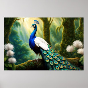 Affiche Peacock blanc et bleu majestueux en forêt
