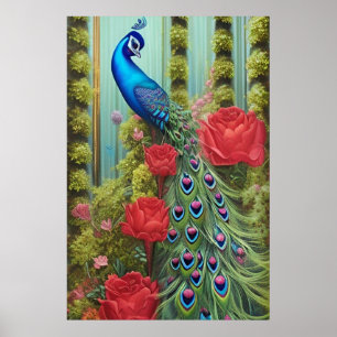 Affiche Peacock Bleu en Rose et Fern Garden