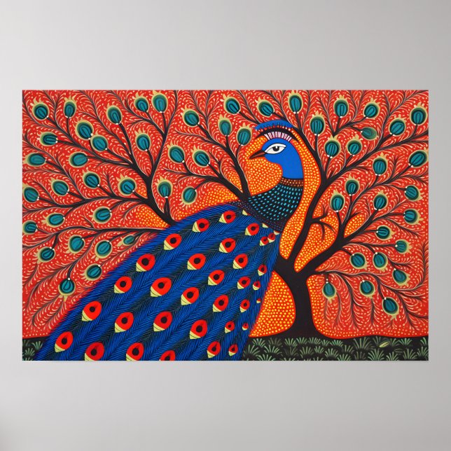 Affiche Peacock d'Art Gond indien | Art de l'Inde (Devant)