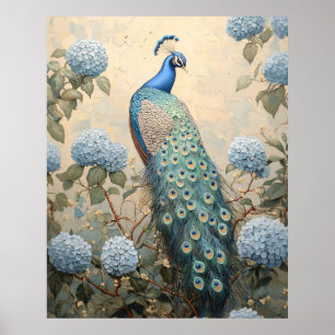 Affiche Peacock Élégant avec Peinture à l'Huile d'Hydrange