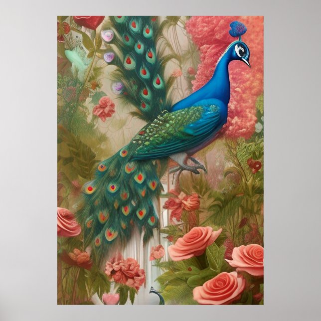 Affiche Peacock en Apricot Jardin Rose (Devant)