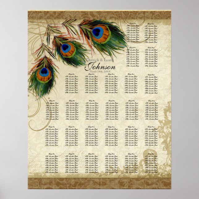 Affiche Peacock & Feathers Vintage Gold Look Damask Swirl (Devant)