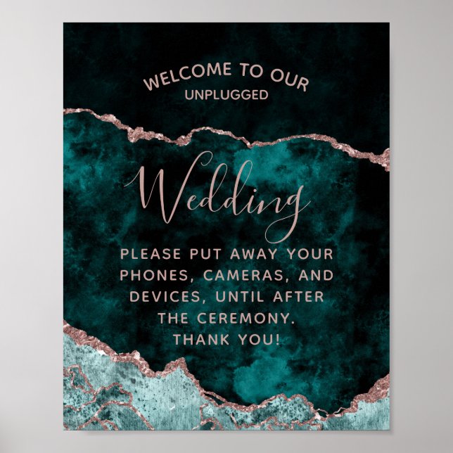 Affiche Peacock Green Agate Unplugged Wedding Welcome Sign (Devant)