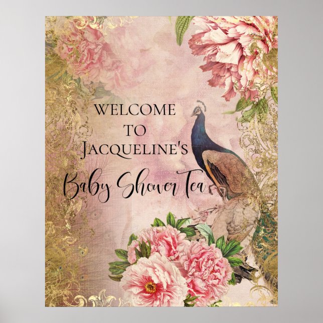 Affiche Peacock Peony Floral Blush Or Rose Découpage Tite (Devant)
