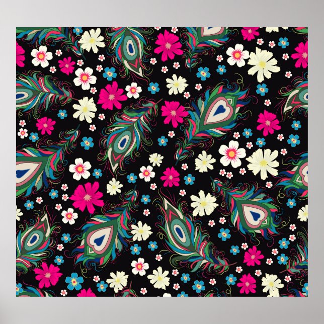 Affiche Peacock Plumes Broderie Motif sans fil (Devant)