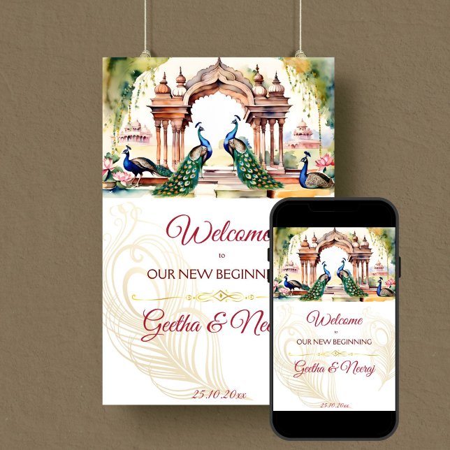Affiche Peacocks lotus garden mariage indien signe de bien (Peacocks lotus royal garden Indian wedding welcome sign editable template digital download)