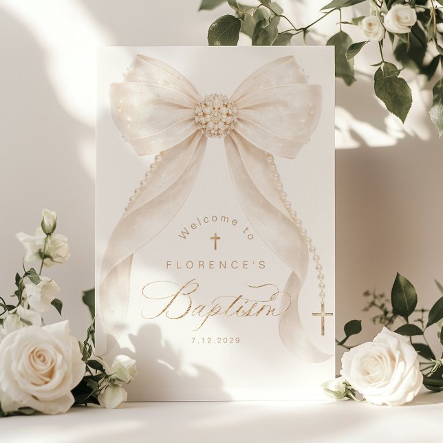 Affiche Pearls Gold Bow Girl Baptism Welcome (Créateur téléchargé)