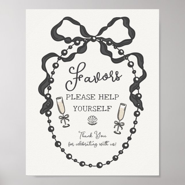 Affiche Pearls & Prosecco Black Coquette Bow Faveurs (Devant)