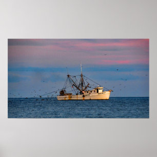 Affiche Pêche à la crevette au coucher du soleil