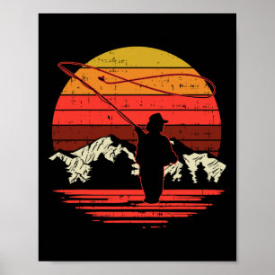 Affiche Pêche à la mouche Coucher de soleil Rétro Truite P