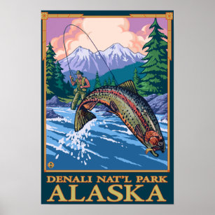 Affiche Pêche à la mouche - Parc national Denali, Alaska