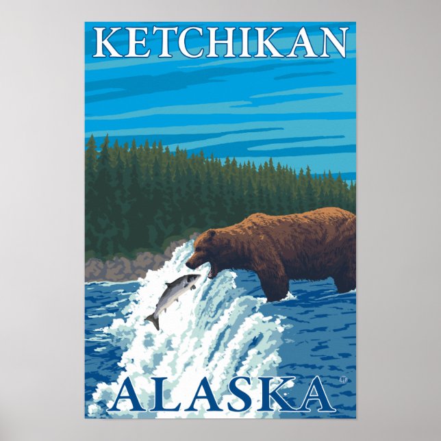 Affiche Pêche à l'ours dans la rivière - Ketchikan, Alaska (Devant)