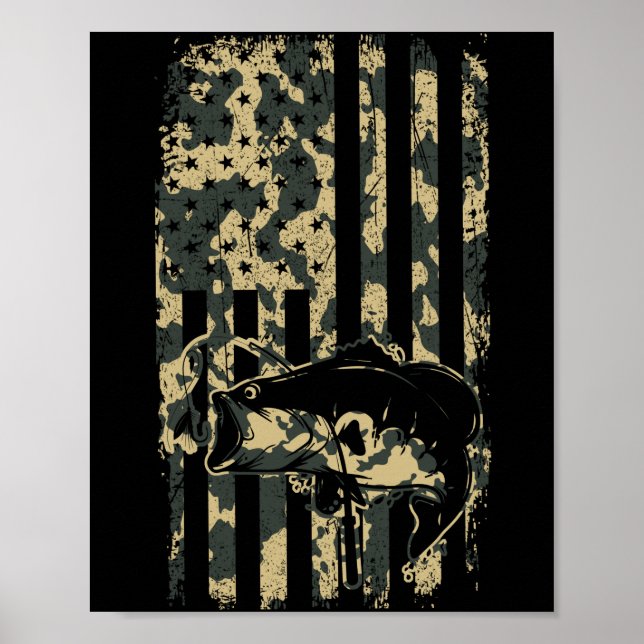 Affiche Pêche Camouflage USA Drapeau pour Bass Fisherman (Devant)