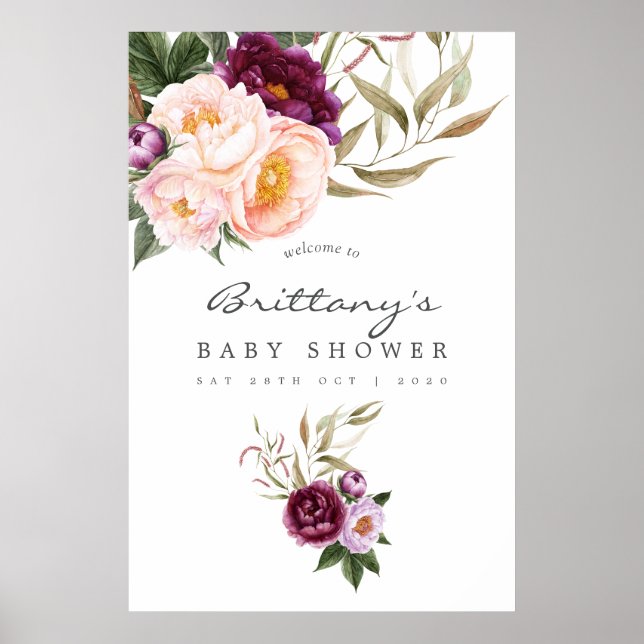 Affiche Pêche et Bourgogne Baby shower Floral Bienvenue (Devant)