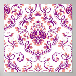 Affiche Pêche et pourpre Damas motif floral élégant