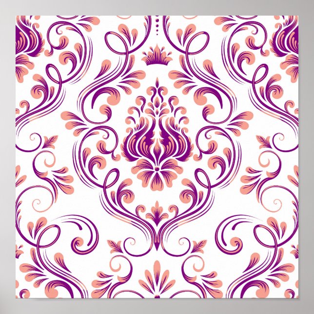 Affiche Pêche et pourpre Damas motif floral élégant (Devant)