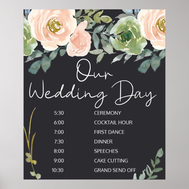 Affiche Pêche Green Navy Pastel Floral Mariage Horaire (Devant)