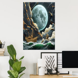 Affiche Pêche Lune Sous La Falaise
