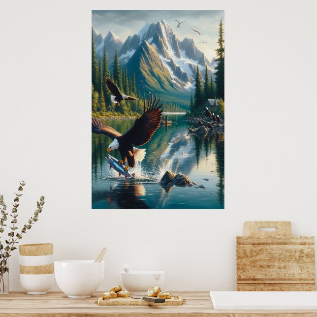 Affiche Pêche majestueuse d'aigle au lever du soleil (Cuisine)